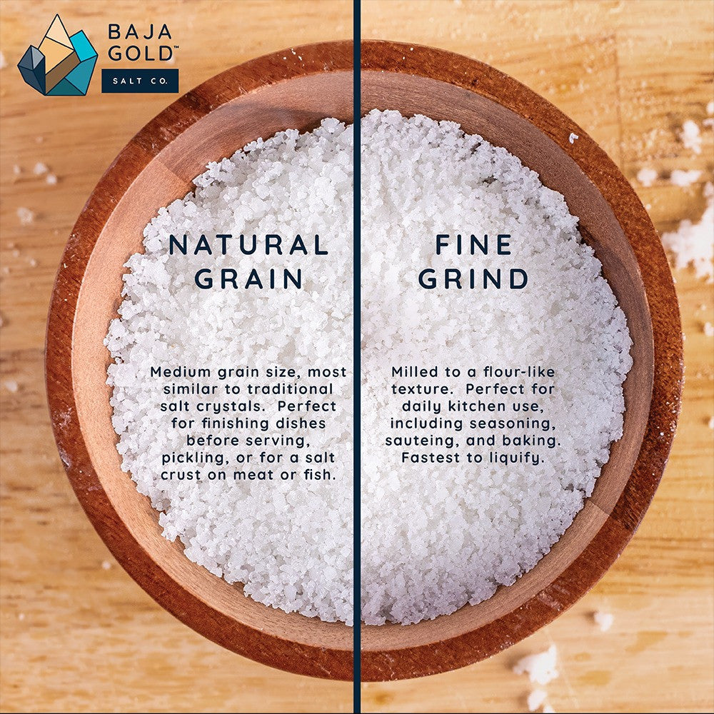 Baja Gold Signature Mineral Sea Salt - grain sizes