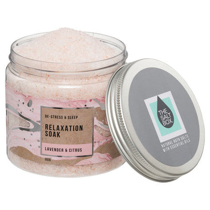 Relaxation Bath Soak 600g Gift Jar Bath salts with Lavender and Citrus Essential Oils Open